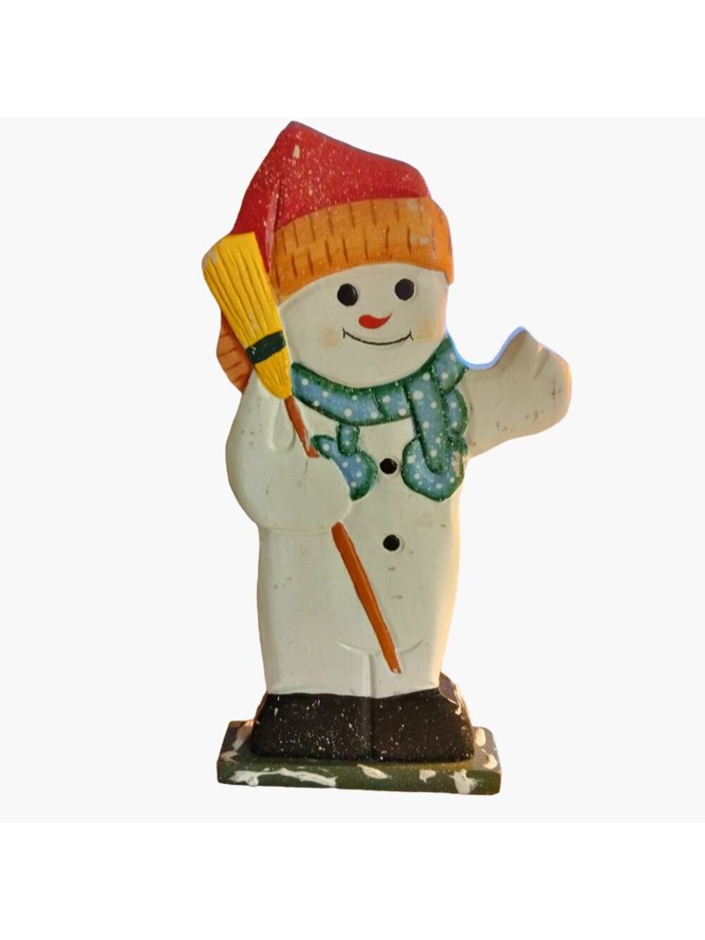 Wooden Snowman Figure Hand Painted Decoration Waving  Holding Broom